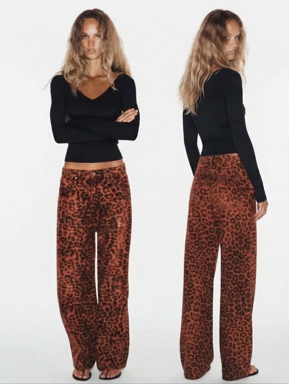 Zara NEW Balloon Fit Leopard Animal Print Jeans 4 Mid Rise Relaxed Brown Black